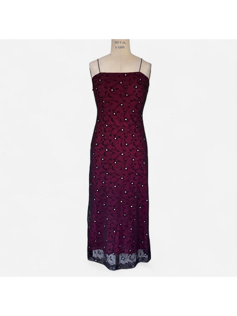 Y2K Beaded Burgundy Midi Dress in Burgundy